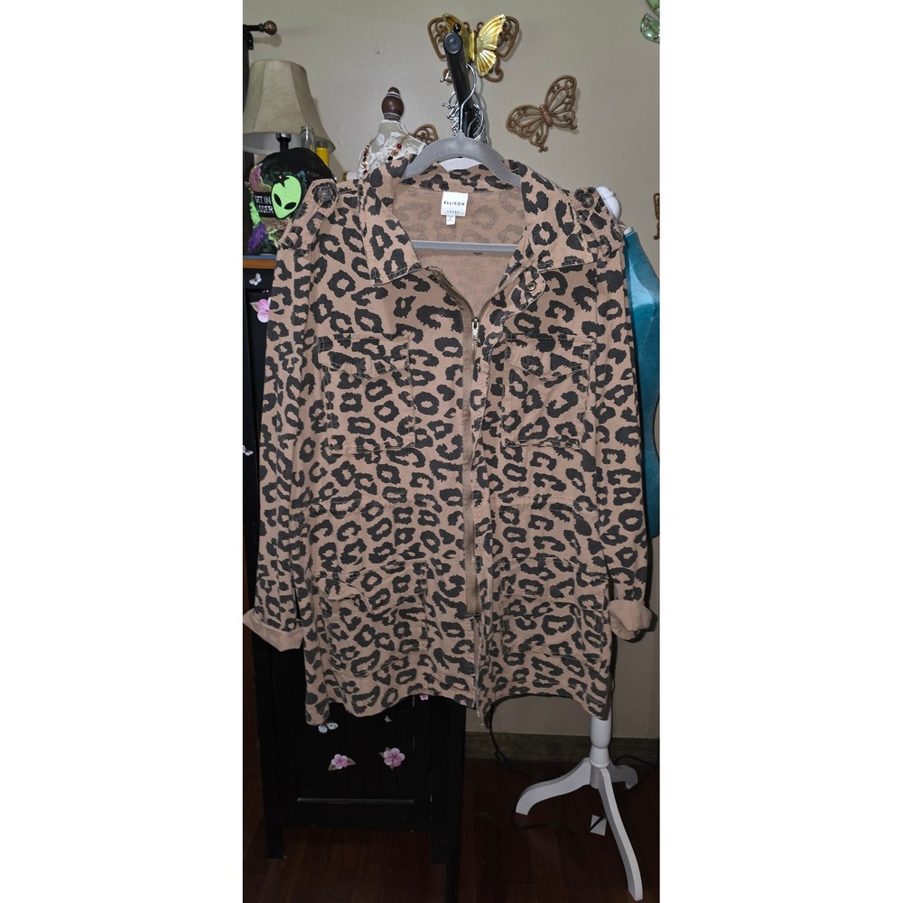 Ellison Womens Leopard Print Utility Jacket Tan Black Animal Print Field Coat L